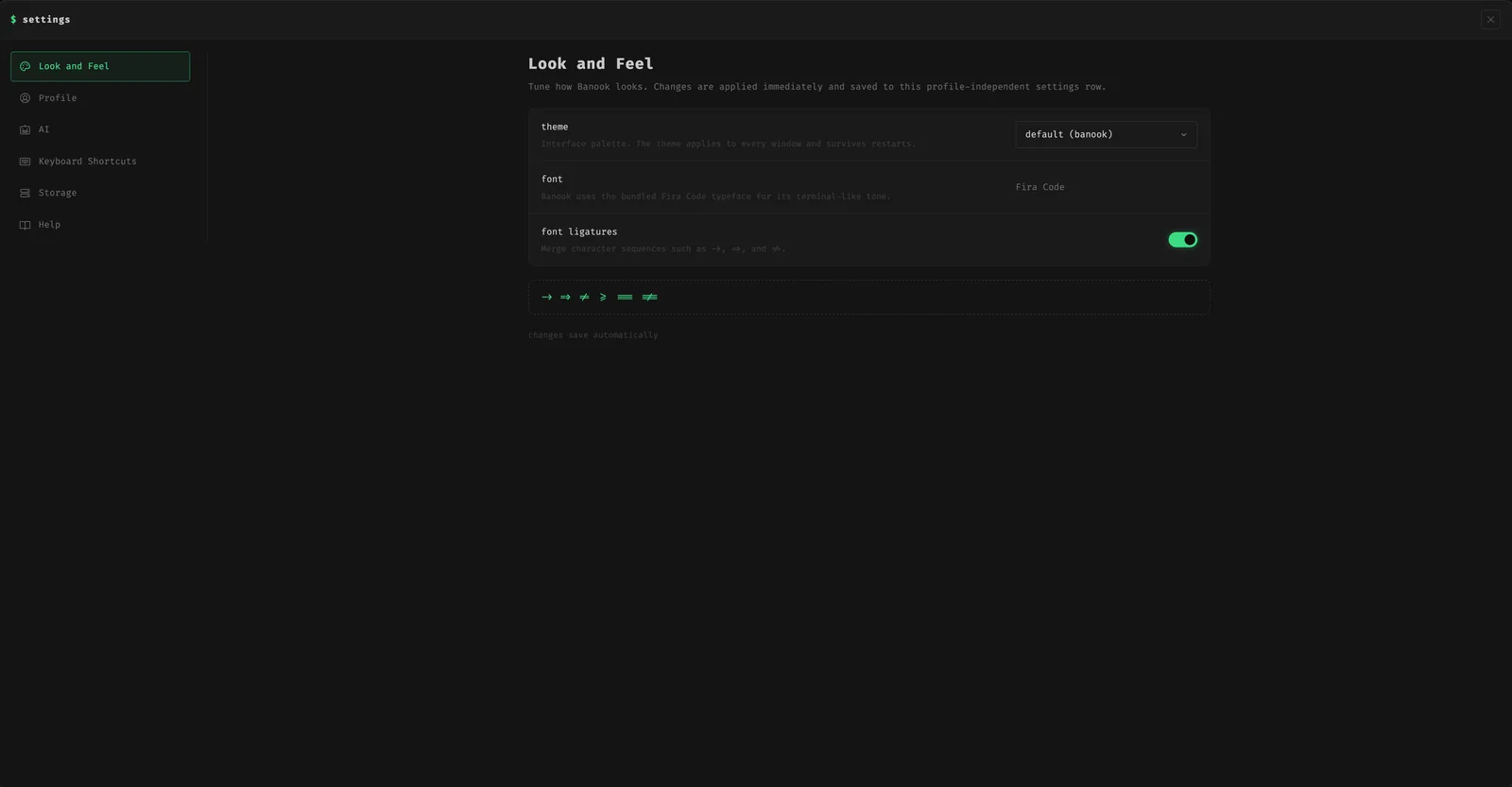 Banook settings showing the default theme, Fira Code font, and ligature toggle